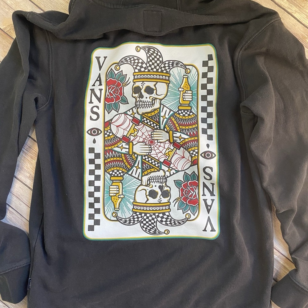Vans Off The Wall Mens Small Black Hoodie Skeleton Joker Playing Card Crying Eye